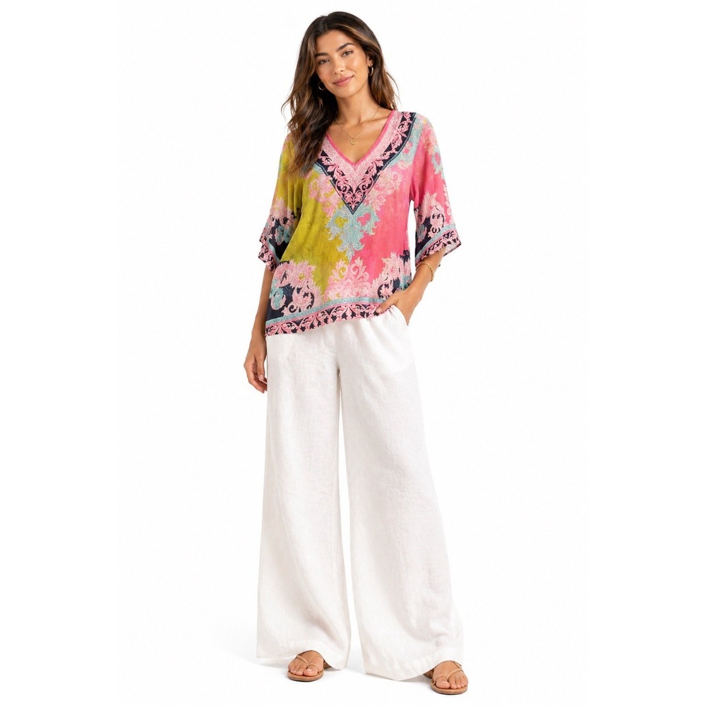 belle by kim gravel Sheet Boho Tunic Top 1x Pink Yellow Baroque Paisley V Neck